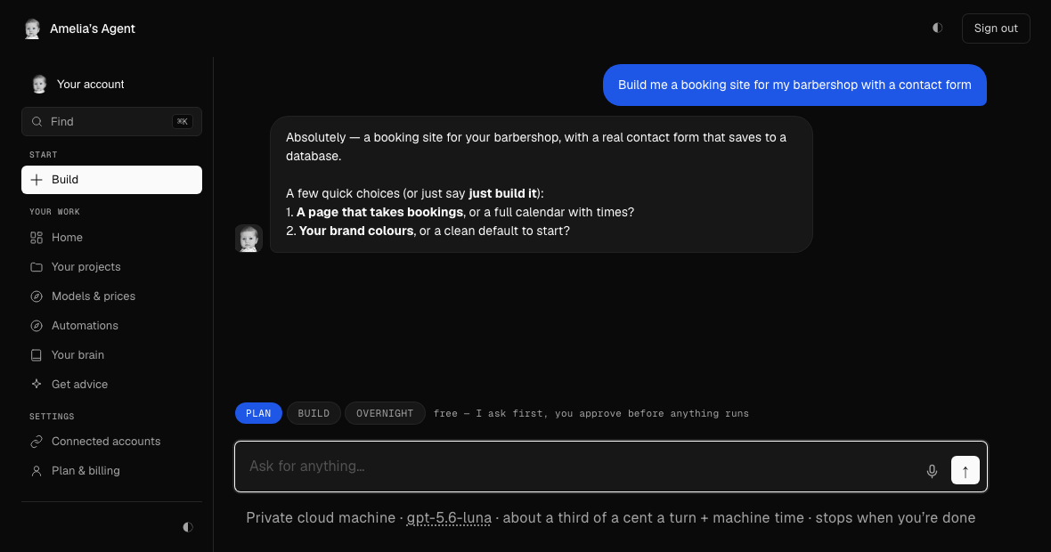 The app: a message asking for a barbershop booking site, Amelia's reply with the plan, and the line under the composer showing about $0.0033 a turn plus machine time.