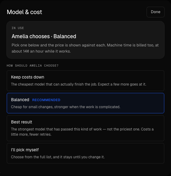 The model picker: keep costs down, balanced, best result, or pick from the full list — with the price shown against each.
